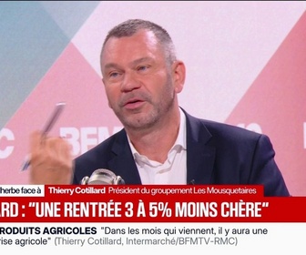 Replay Face à Face - Thierry Cotillard, président du groupement Les Mousquetaires, explique qu'il y a une baisse de 3 à 5% sur les fournitures scolaires