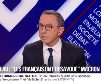 Replay BFM Politique - Il devrait prendre du recul parce que les Français l'ont désavoué, déclare Bruno Retailleau (LR) au sujet d'Emmanuel Macron qu'il appelle à se mettre en retrait