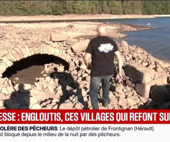 Replay BFM Première - Dans la Creuse, face à la sécheresse, des villages enfouis sous les eaux réapparaissent